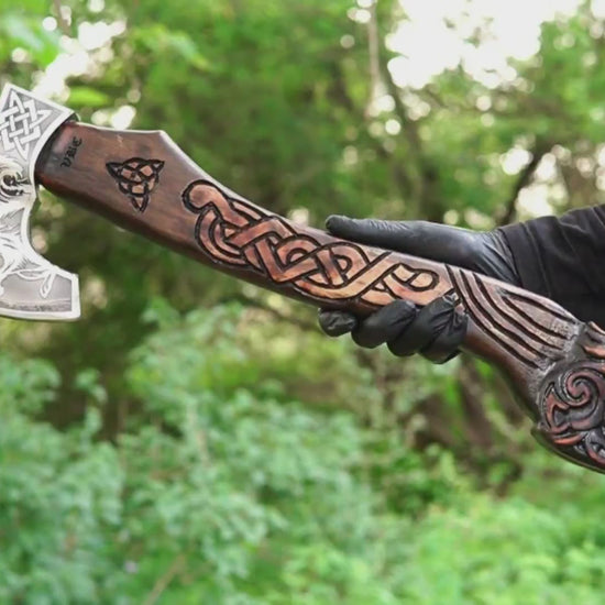 Ratatoskr Viking axe with hand carved handle and forged steel blade