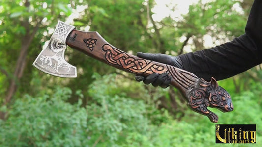 Ratatoskr Viking Axe | Custom Squirrel Carving | Hand-Forged Steel | Wooden Gift Box