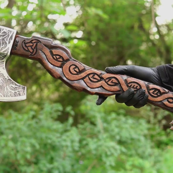 Thor goat Viking axe with hand carved geit handle and forged steel blade