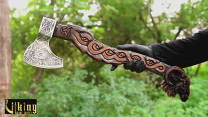Thor goat Viking axe with hand carved geit handle and forged steel blade