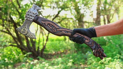 Hand Forged Viking Axe Carved Wolf Handle With Gift Wooden Box