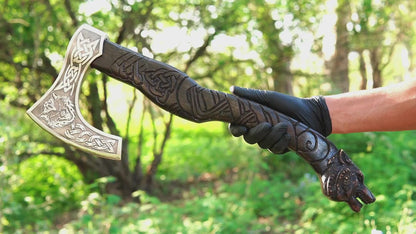 Fenrir Viking axe with hand carved wolf handle and forged steel blade