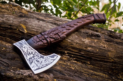 Handmade Odin Viking Axe – Carved Handle with Premium Leather Cover Viking_Blade_Crafts