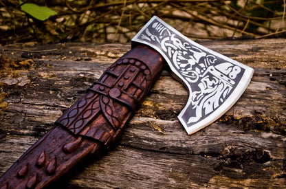 Handmade Odin Viking Axe – Carved Handle with Premium Leather Cover Viking_Blade_Crafts