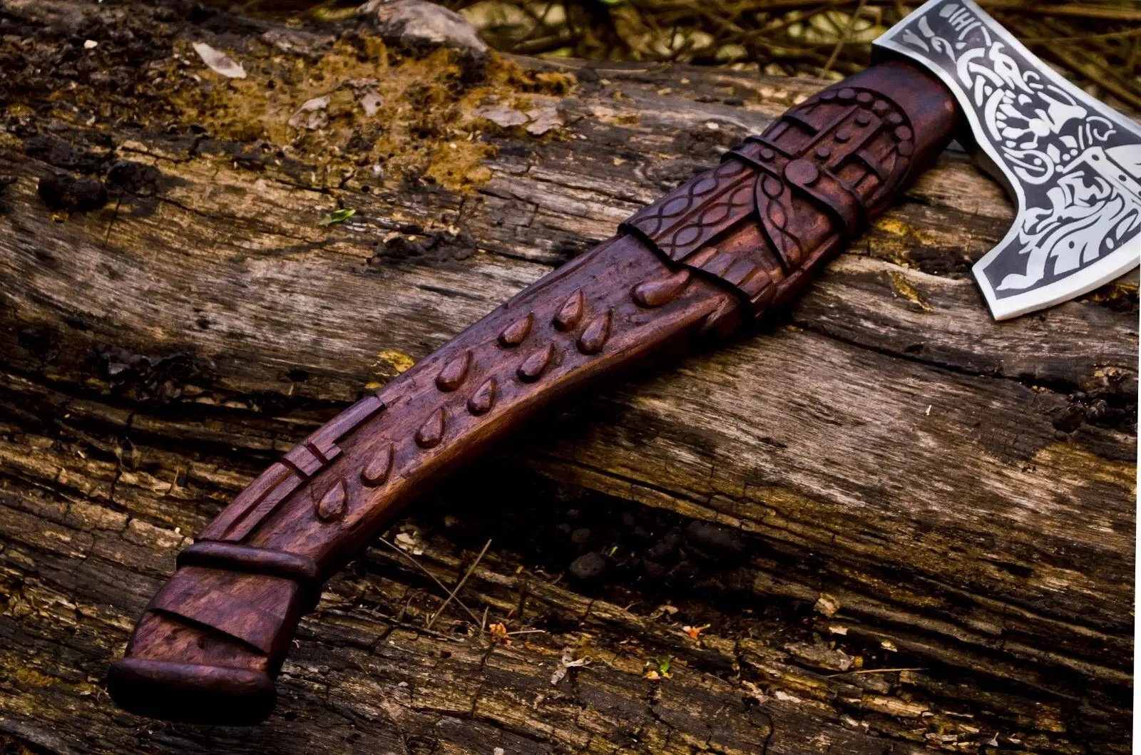 Handmade Odin Viking Axe – Carved Handle with Premium Leather Cover Viking_Blade_Crafts