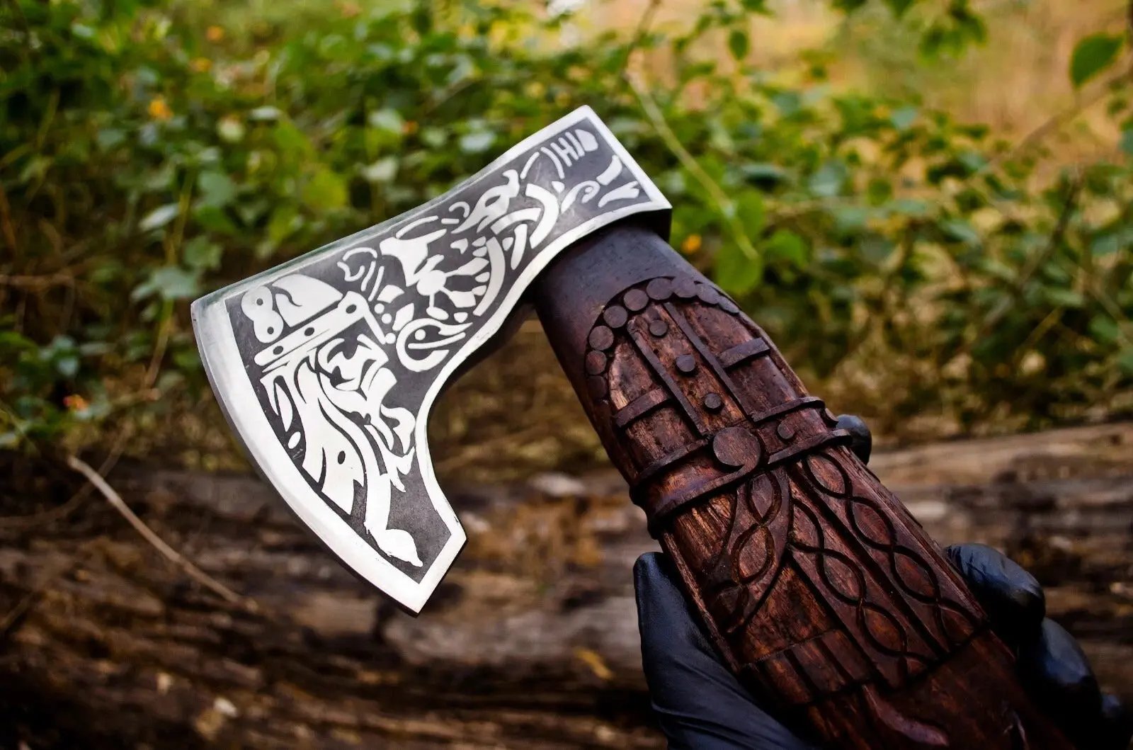 Handmade Odin Viking Axe – Carved Handle with Premium Leather Cover Viking_Blade_Crafts