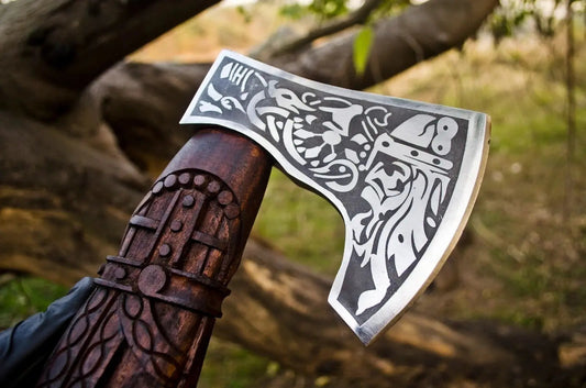 Handmade Odin Viking Axe – Carved Handle with Premium Leather Cover Viking_Blade_Crafts