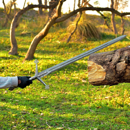 Handmade Damascus Steel Scottish Claymore Sword with Leather Sheath