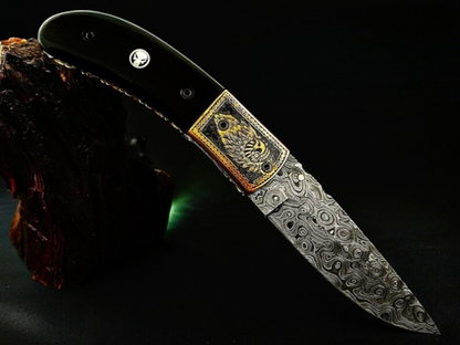 Viking Eagle Carved Damascus Pocket Knife with Bull Horn Handle - Viking Blade Crafts