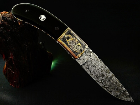 Viking Eagle Carved Damascus Pocket Knife with Bull Horn Handle