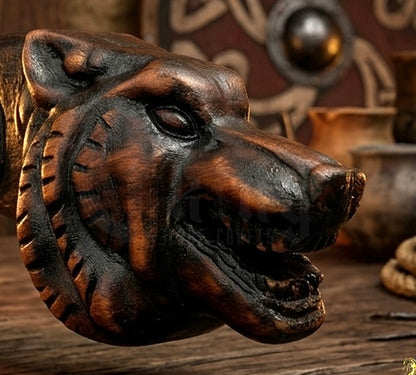 forged steel Viking axe with detailed wolf carving
