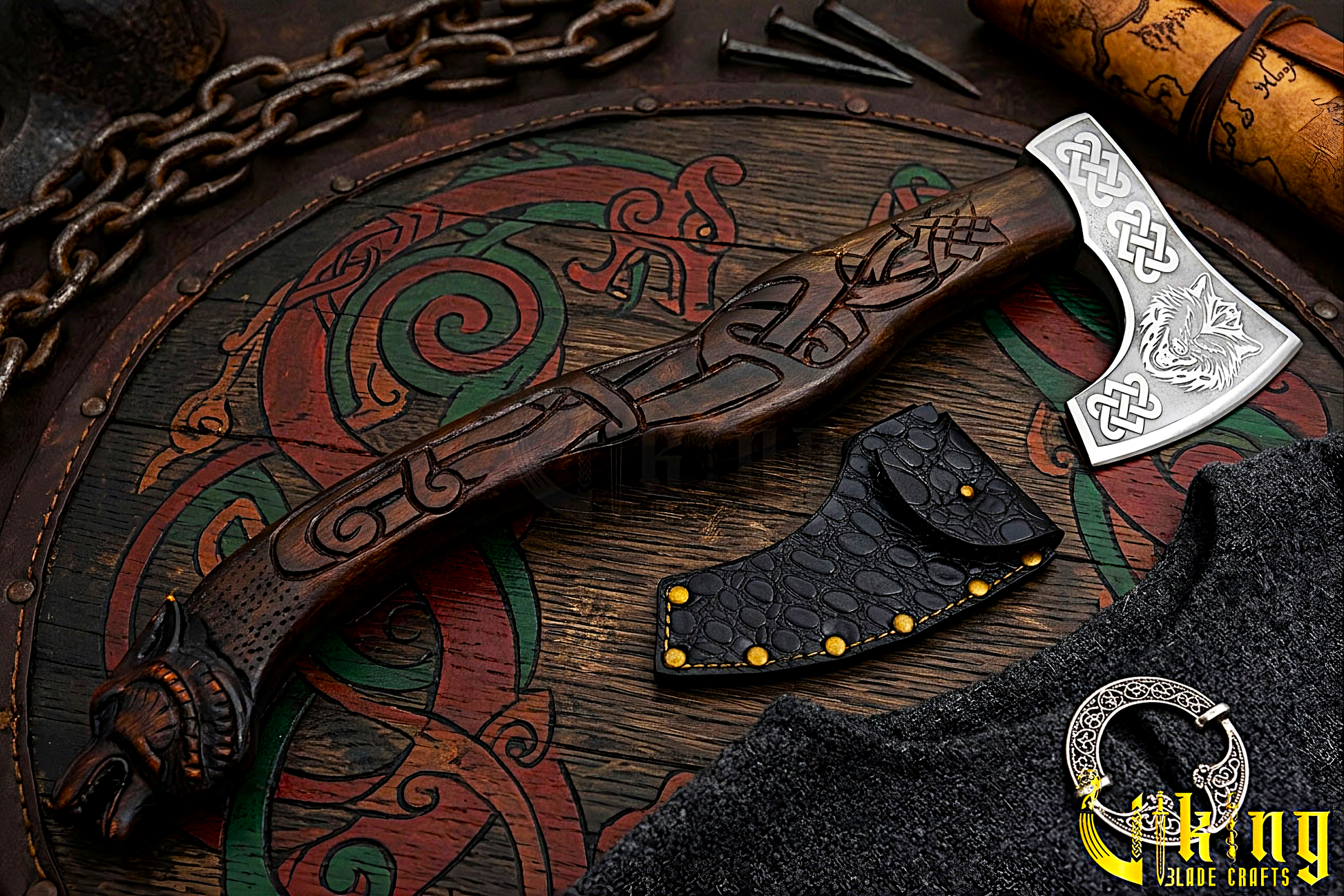 forged steel axe with custom hand carved wolf design